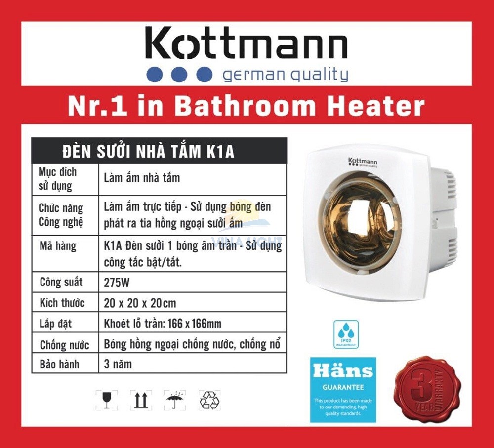 Thông số kỹ thuật Đèn sưởi nhà tắm âm trần 1 bóng Kottmann K1A